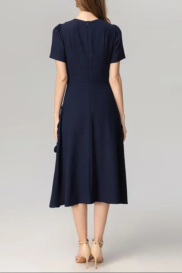 3D Flower Midi Dress in Navy Blue