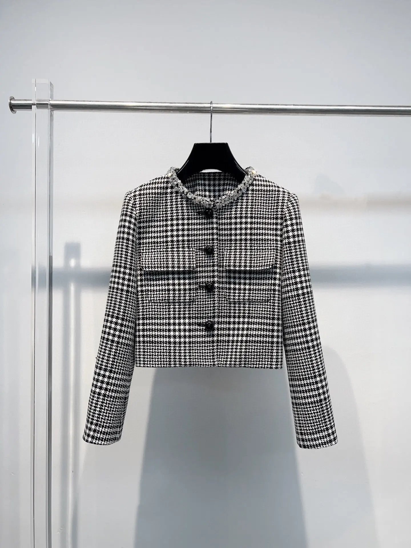 Houndstooth Crystal Trim Jacket - Black/White