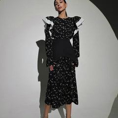 Floral Print Ruffle Trim Midi Dress in Black