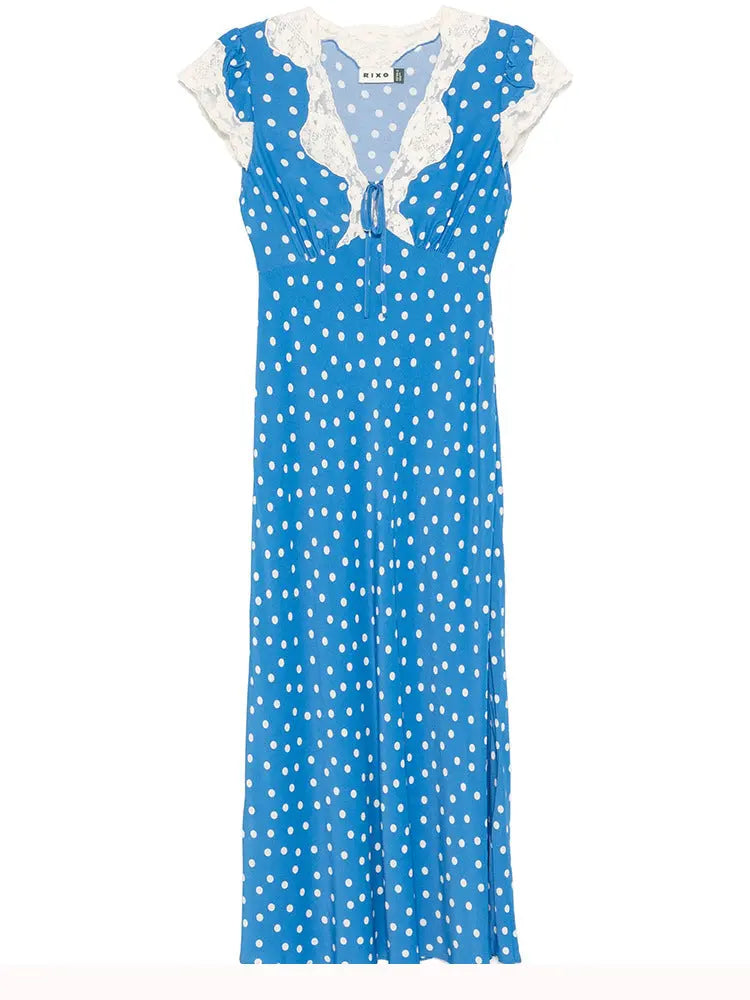 Lace-Trimmed V-Neck Maxi Dress in Blue