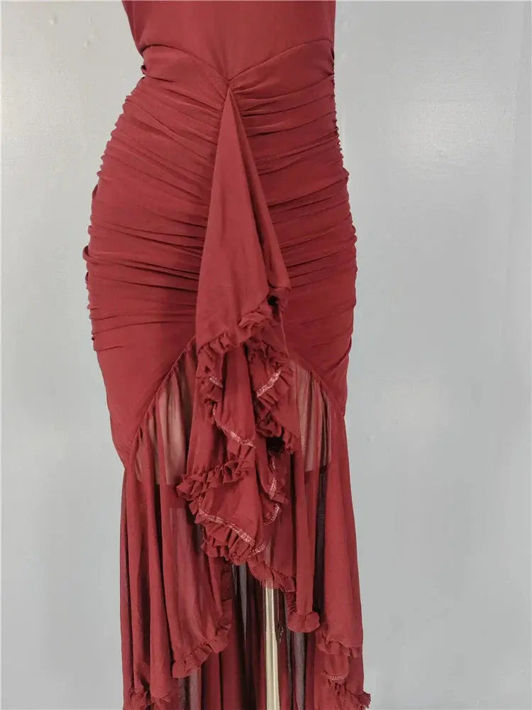 Mesh Ruffle Waist Maxi Dress