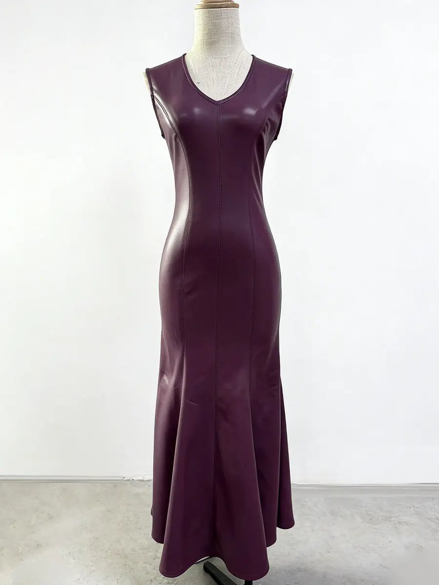 V-Neck Sleeveless Leather Maxi Dress in Burgundy