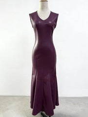 V-Neck Sleeveless Leather Maxi Dress in Burgundy
