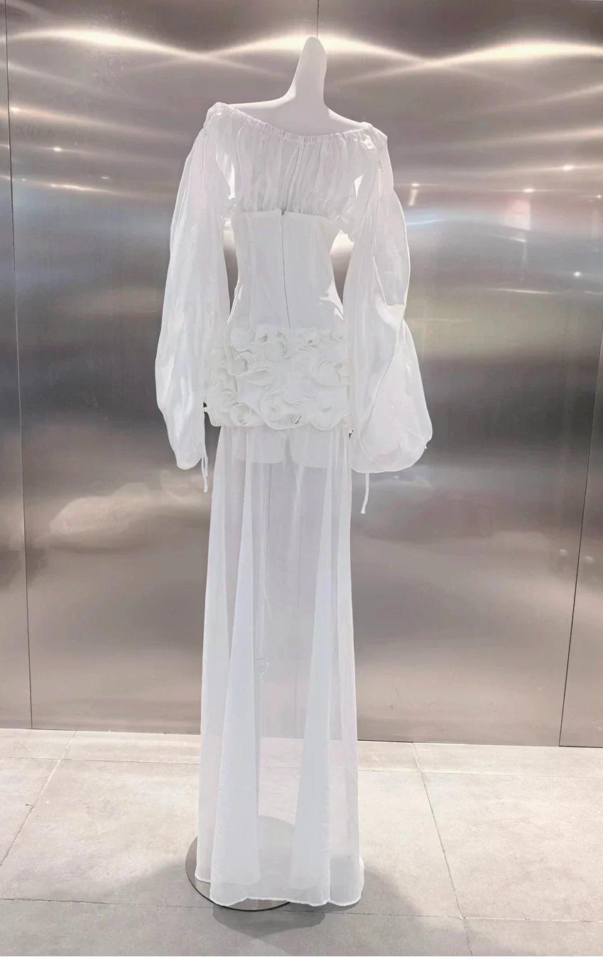 Off Shoulder Sheer Sleeve Corset Ruffle High Low Mini Dress