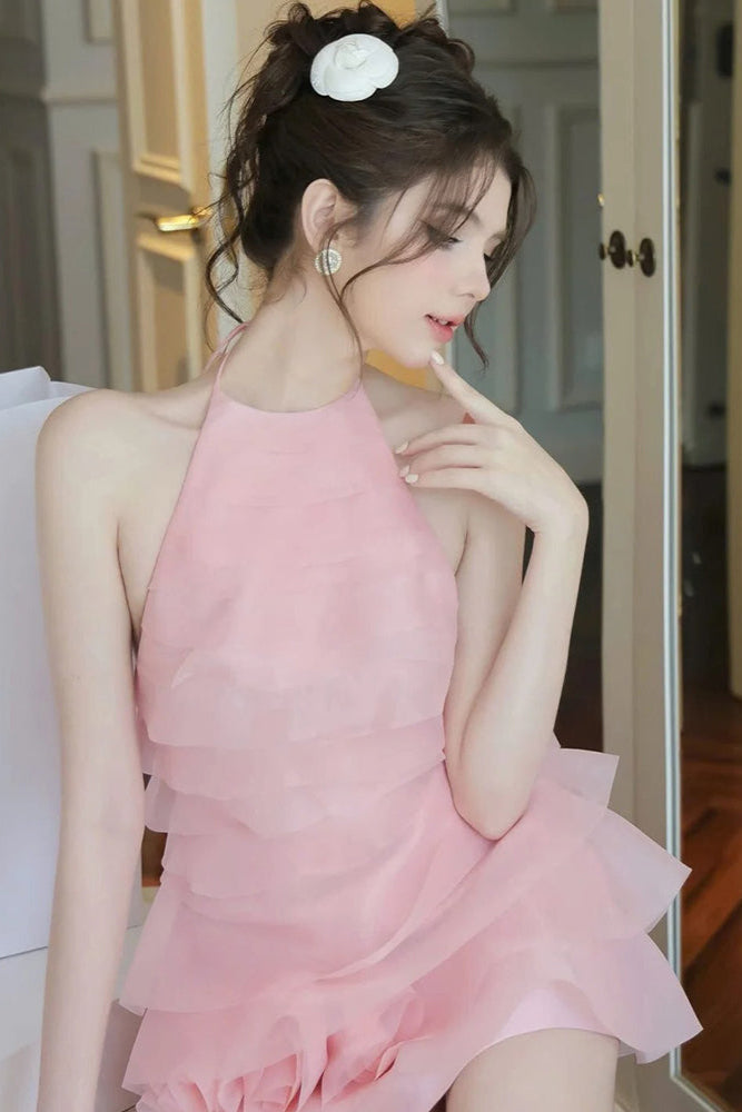 3D Flower Halter Ruffle Mini Dress in Pink
