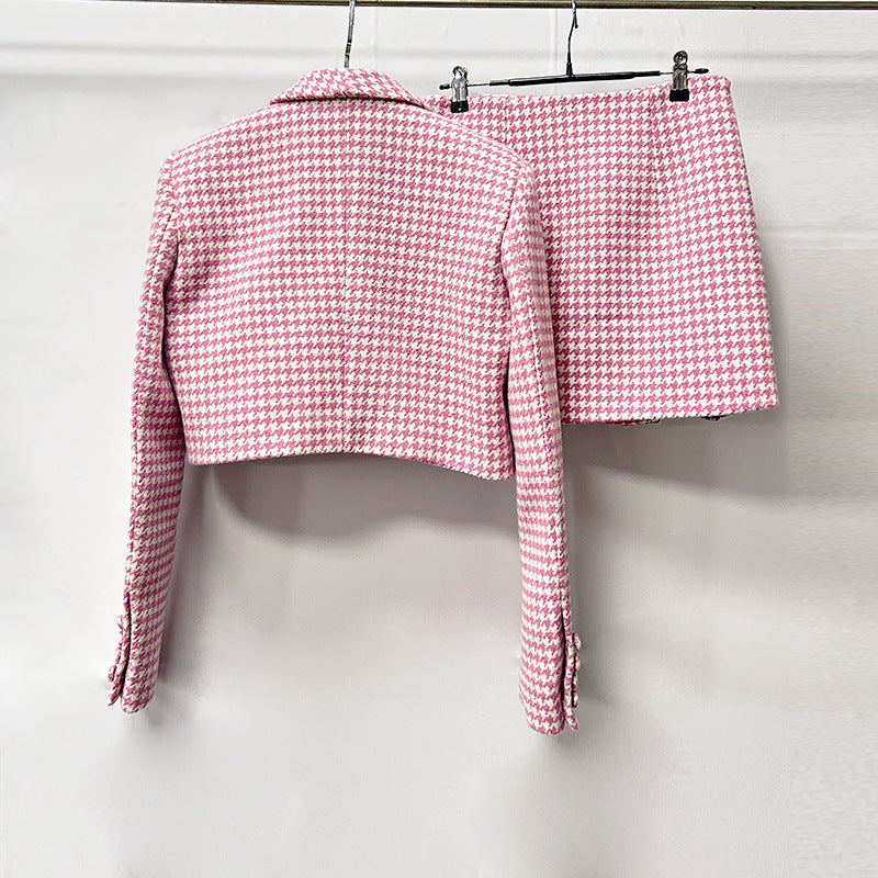 Embellished Checked Wool-Blend Blazer Set in Pink