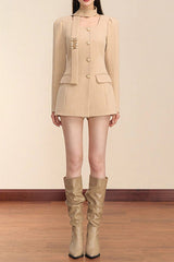 Square Neck Long Sleeve Mini Blazer Dress in Khaki