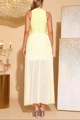 3D Flower Splicing Bandage Mesh Maxi Dress in Yellow