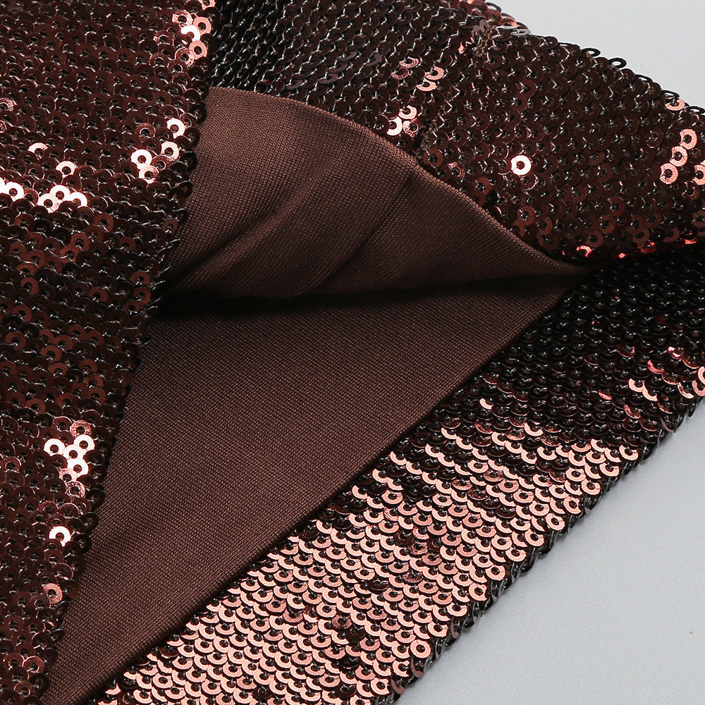 Brown Sequin Deep V High Waist Jumpsuit