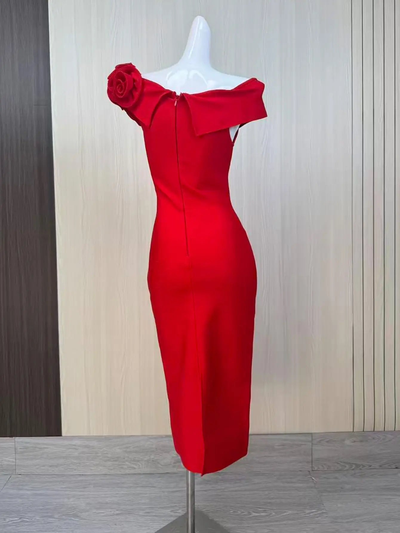 Red 3D Flower Bandage Midi Dress