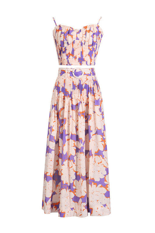 Floral-Print Linen Bustier Top Skirt Set in Blue