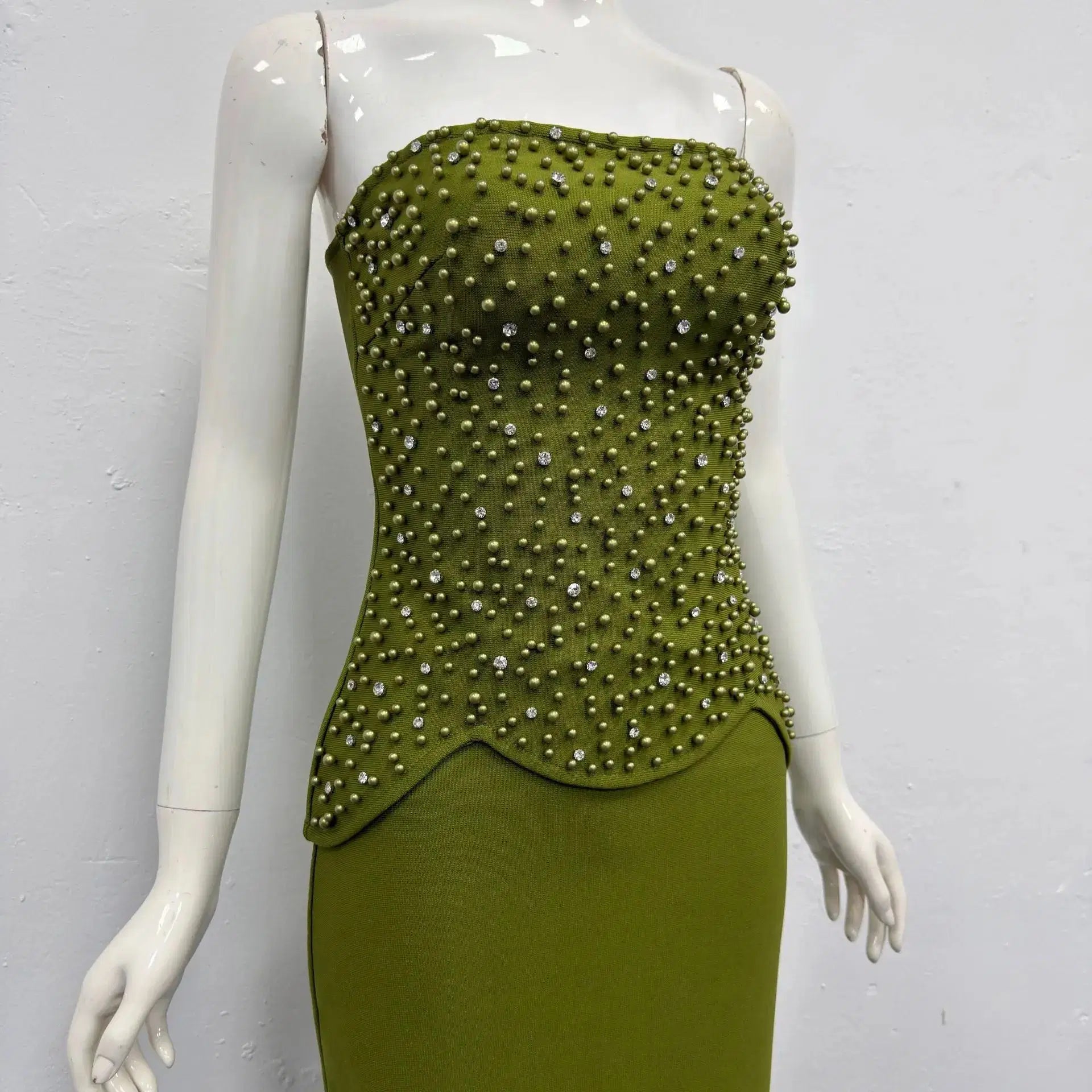 Green Rhinestone Embellished Top Skirt Set