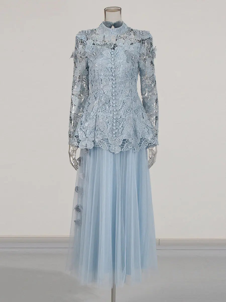 Blue Long Sleeve Folds Lace Top And Skirt Two-Piece Set