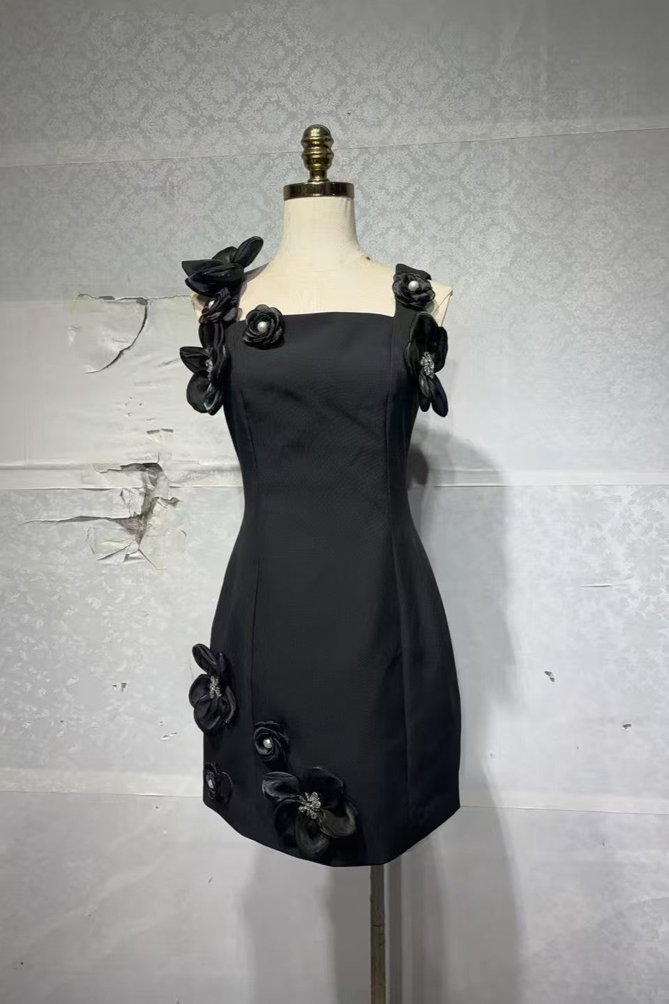 3D Flower Diamond Embellished Mini Dress in Black