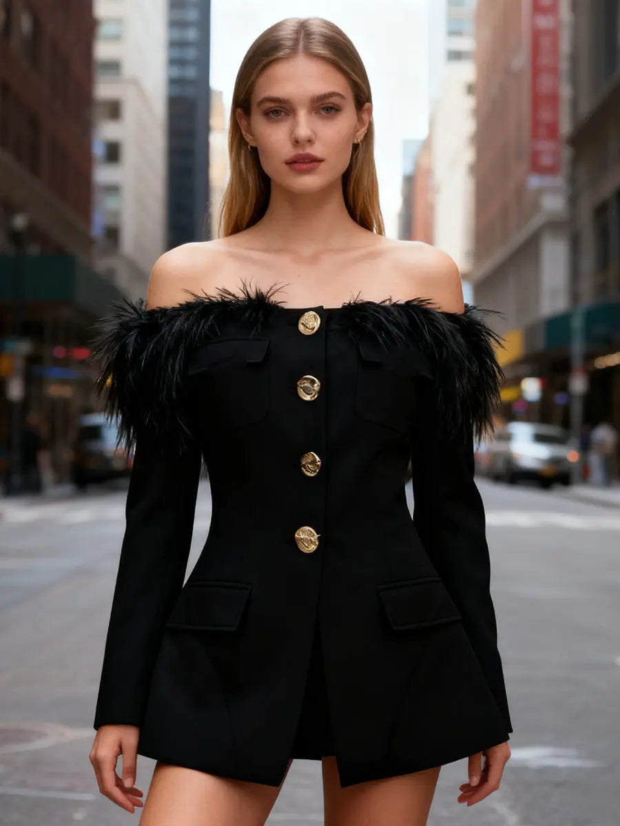 Black Off-shoulder Feather Metal Buckle Decoration Blazer Mini Dress