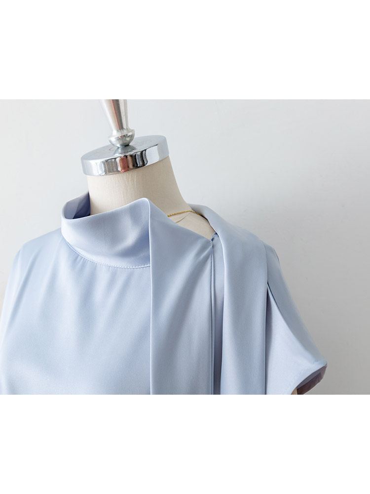 Asymmetrical Side Big Stand Collar Cap Sleeve Satin Blouse