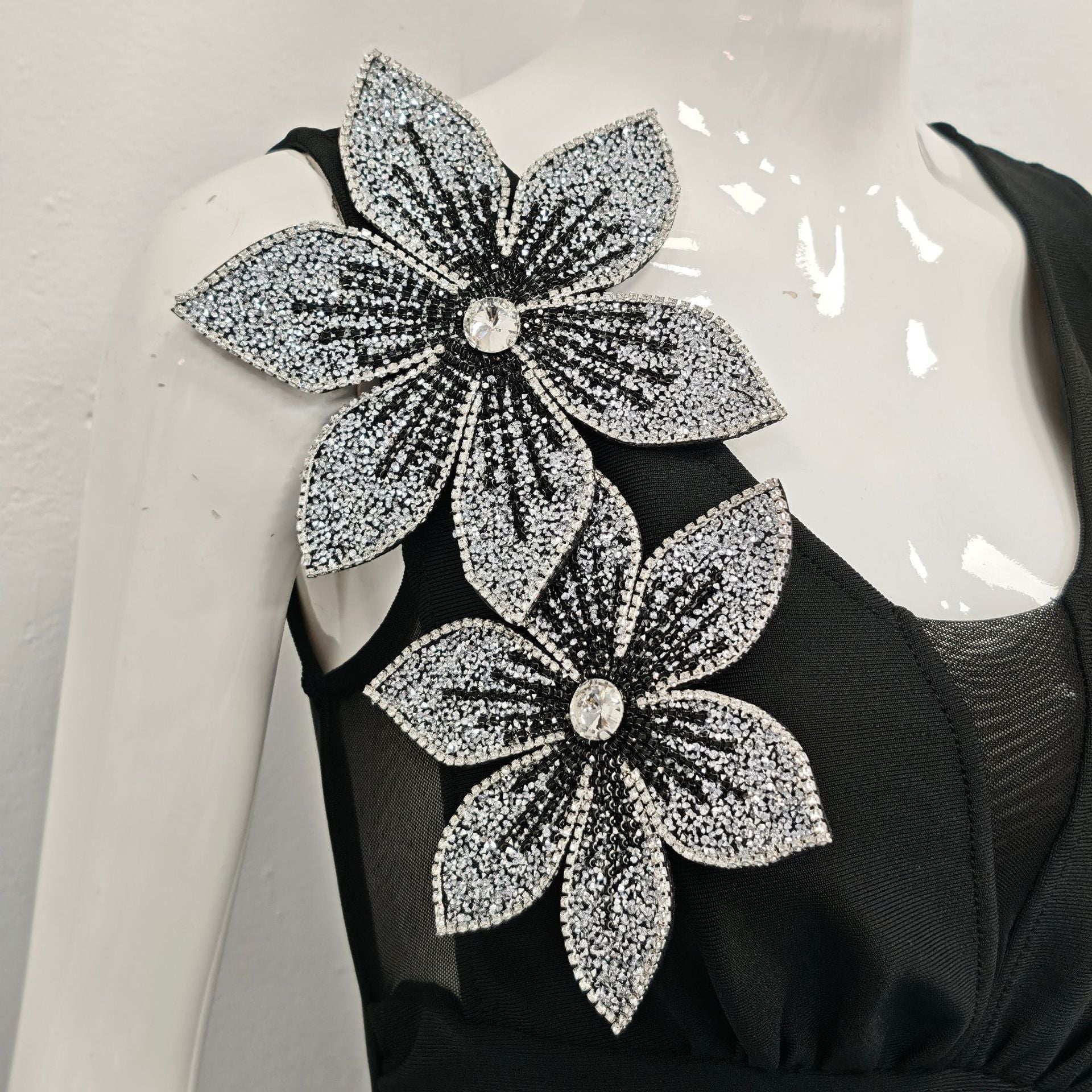 Black 3D Floral Rhinestone Bodycon Maxi Bandage Dress