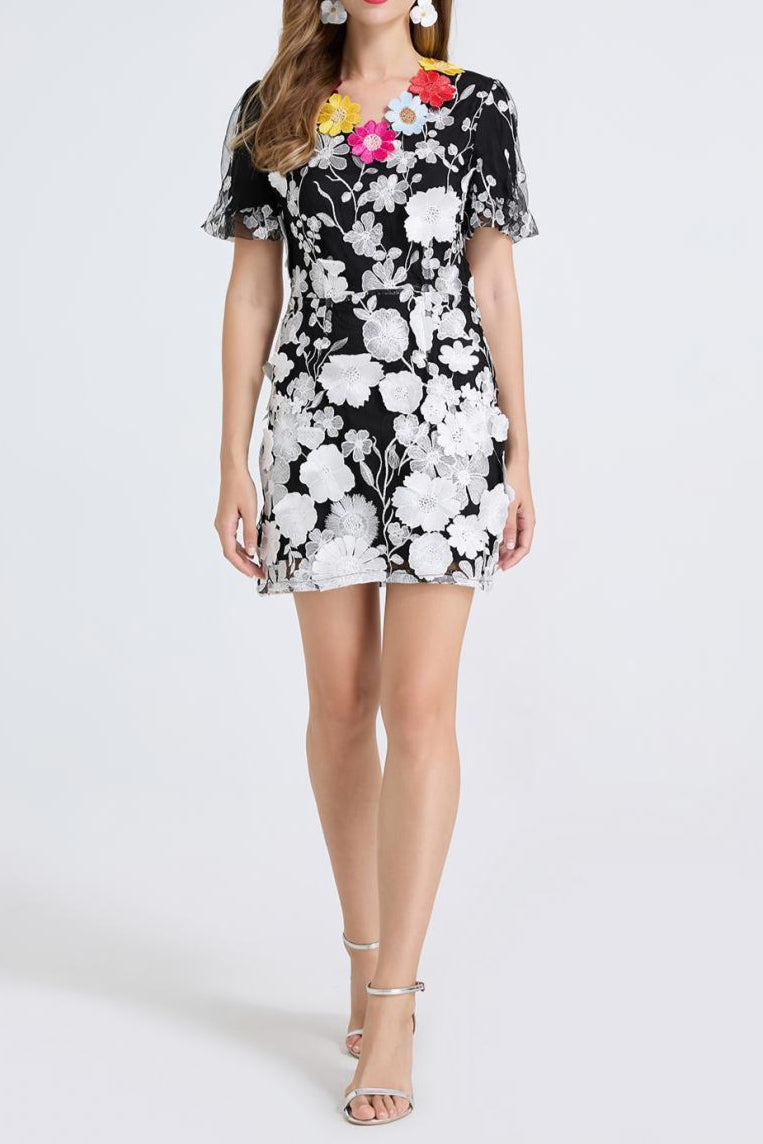 3D Floral Embroidery Mini Dress in Black