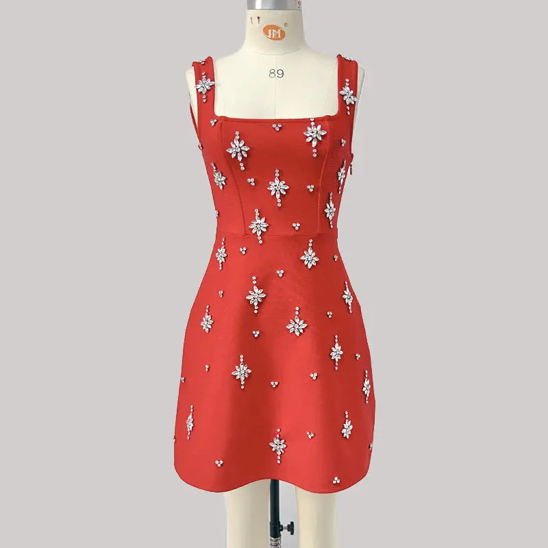 Sleeveless Diamond Bandage Mini Dress in red
