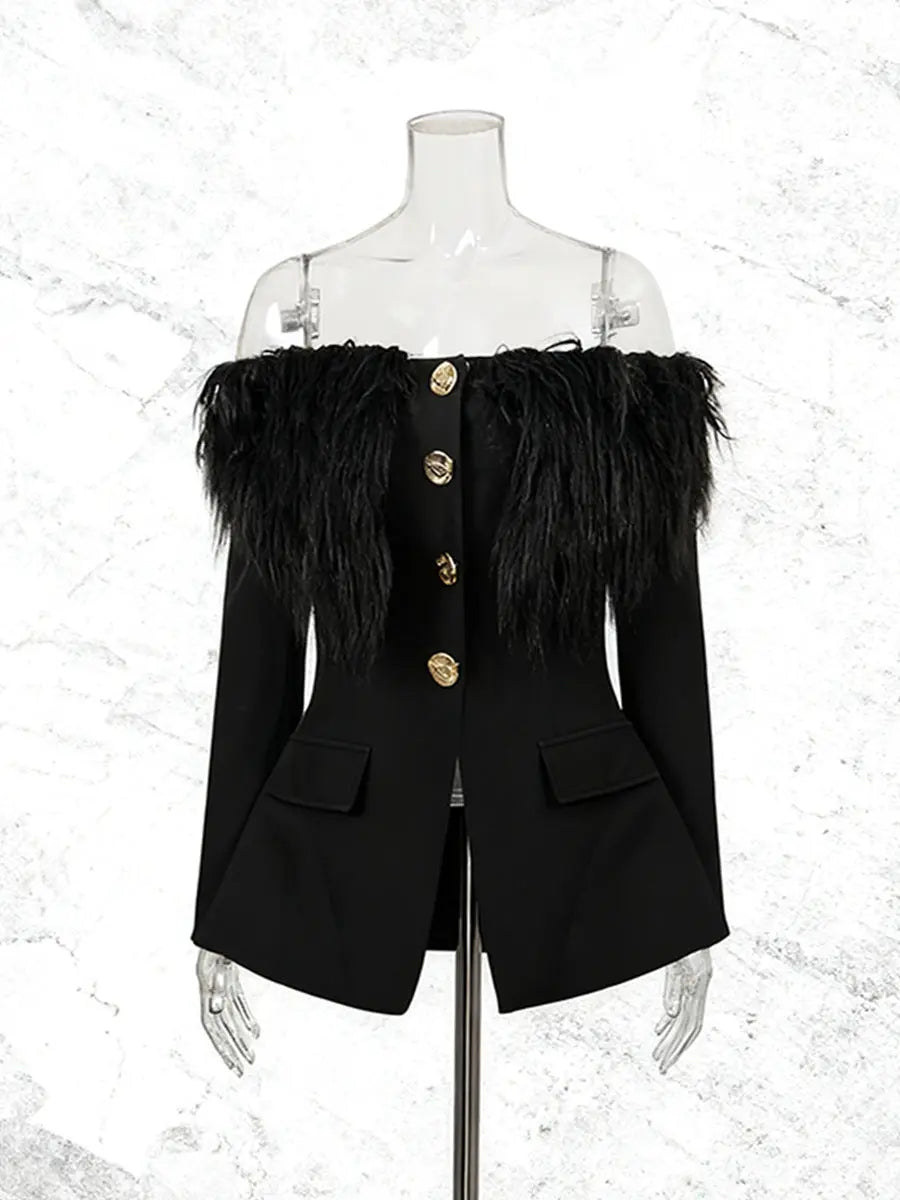 Black Off-shoulder Feather Metal Buckle Decoration Blazer Mini Dress