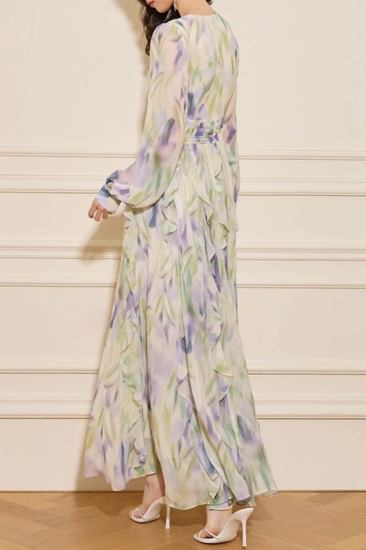 V-Neck Floral Print Lantern Sleeve Maxi Dress