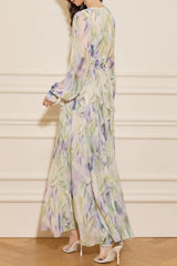 V-Neck Floral Print Lantern Sleeve Maxi Dress