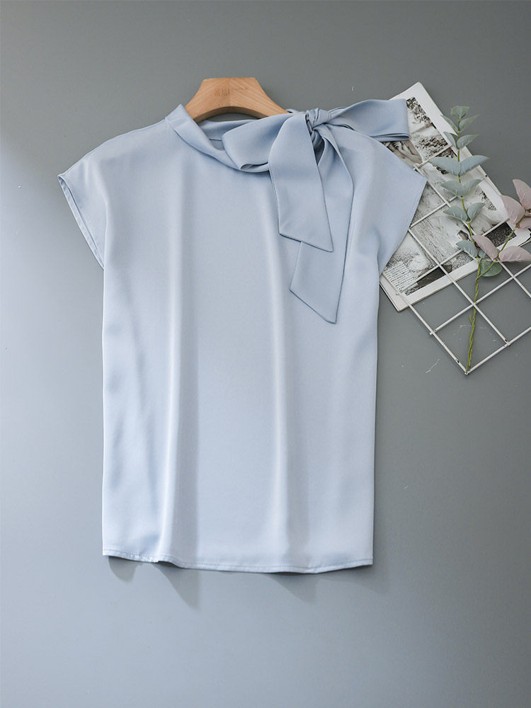 Asymmetrical Side Big Stand Collar Cap Sleeve Satin Blouse