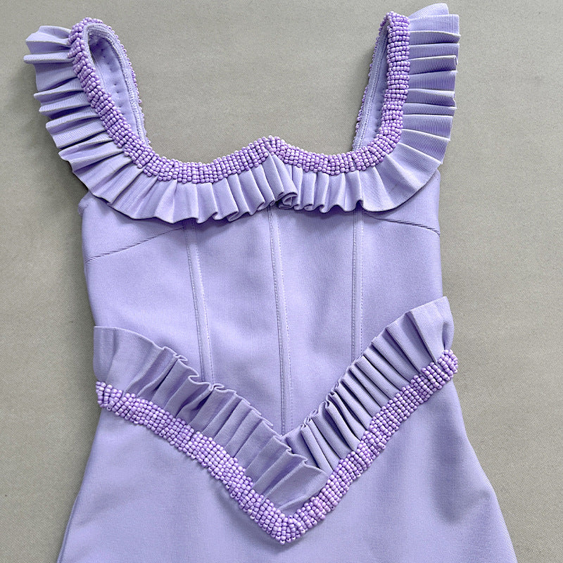 Embellished Square Neck Ruffle Bodycon Maxi Dress - Purple