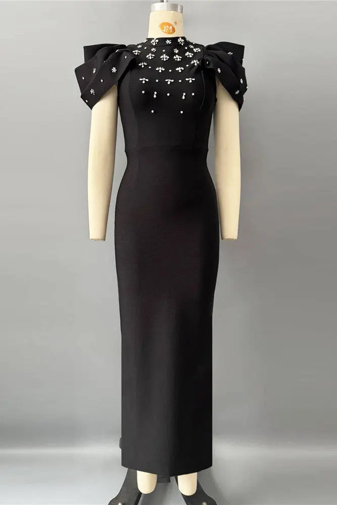 Crystal-Embellished Crepe Bodycon Gown in Black