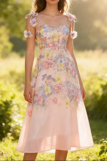 Floral Print Strap Midi Dress with 3D Flower Appliques