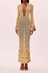Golden Aura V-Neck Knitted Maxi Dress