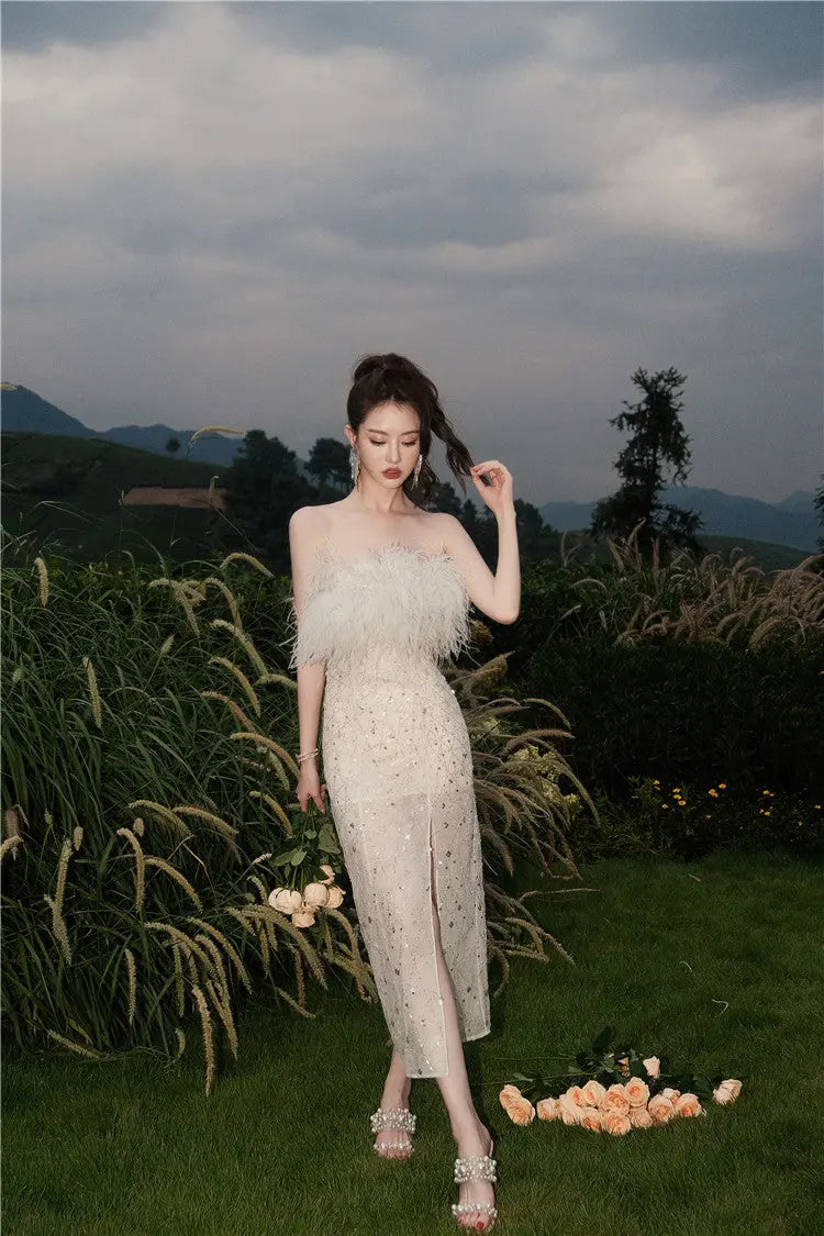 White Haute Couture Feather Sequin Dress