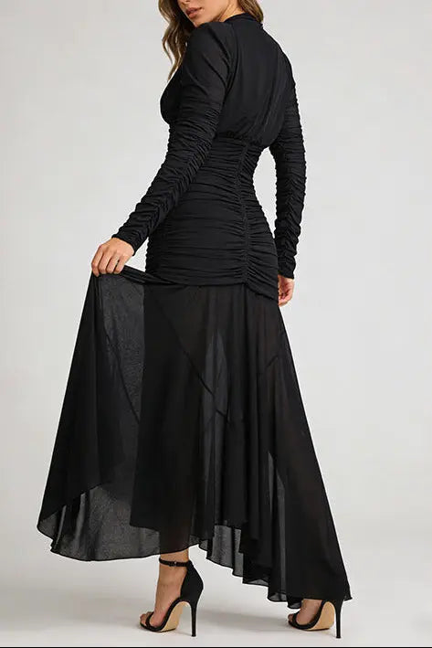 V-Neck Ruched Long-Sleeve Maxi Dress in Black