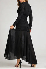 V-Neck Ruched Long-Sleeve Maxi Dress in Black