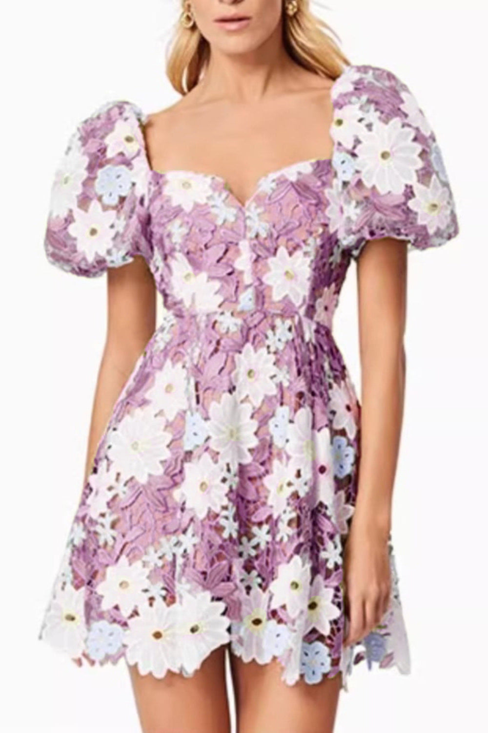 Hollow Hook Lace Mini Dress in Purple
