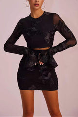 Two-Piece Embroidered Floral Backless T-shirt and Skirt Set-Black