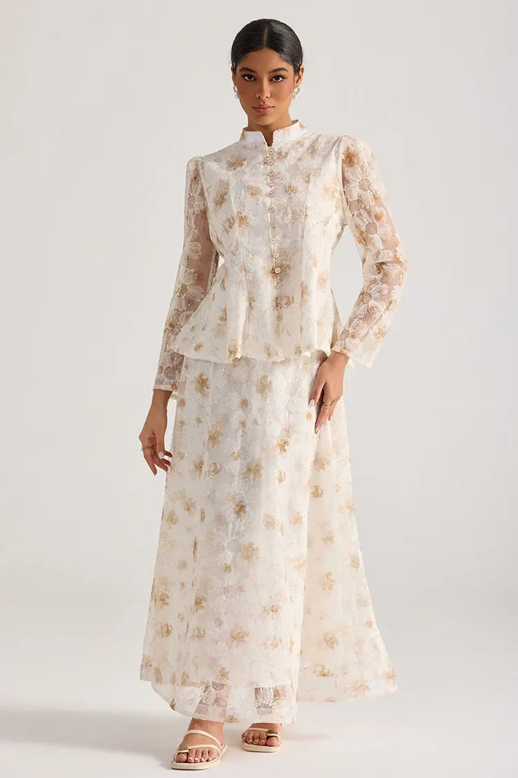 Yellow Floral Embroidered Long-Sleeve Top Skirt Set