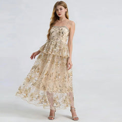 Gold Rhinestone Sequin Embroidery Maxi Dress