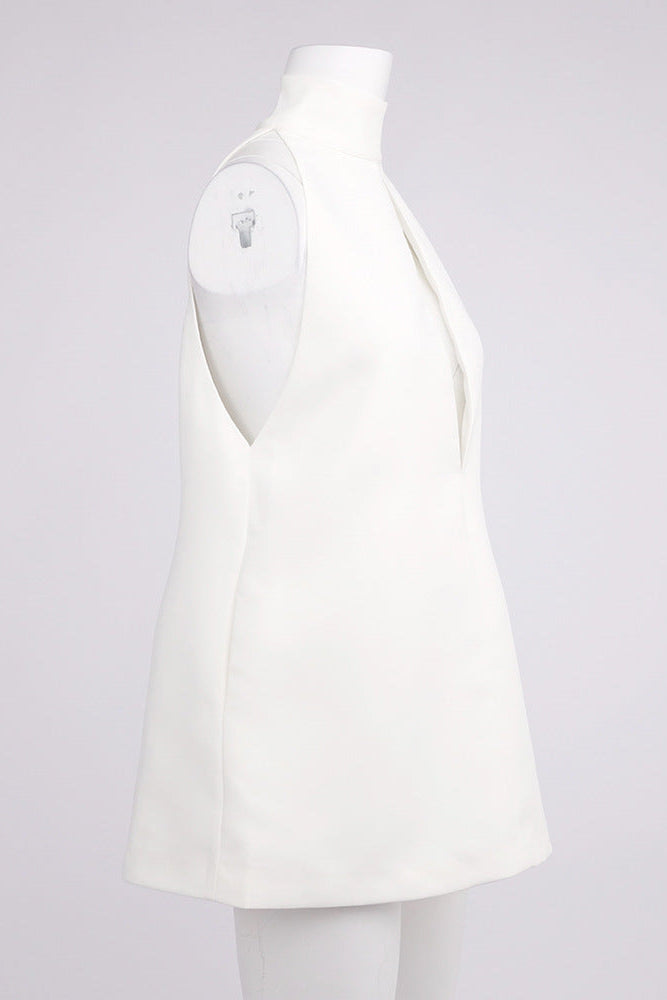 V-Neck Cutout Backless Crepe Halter Dress - White