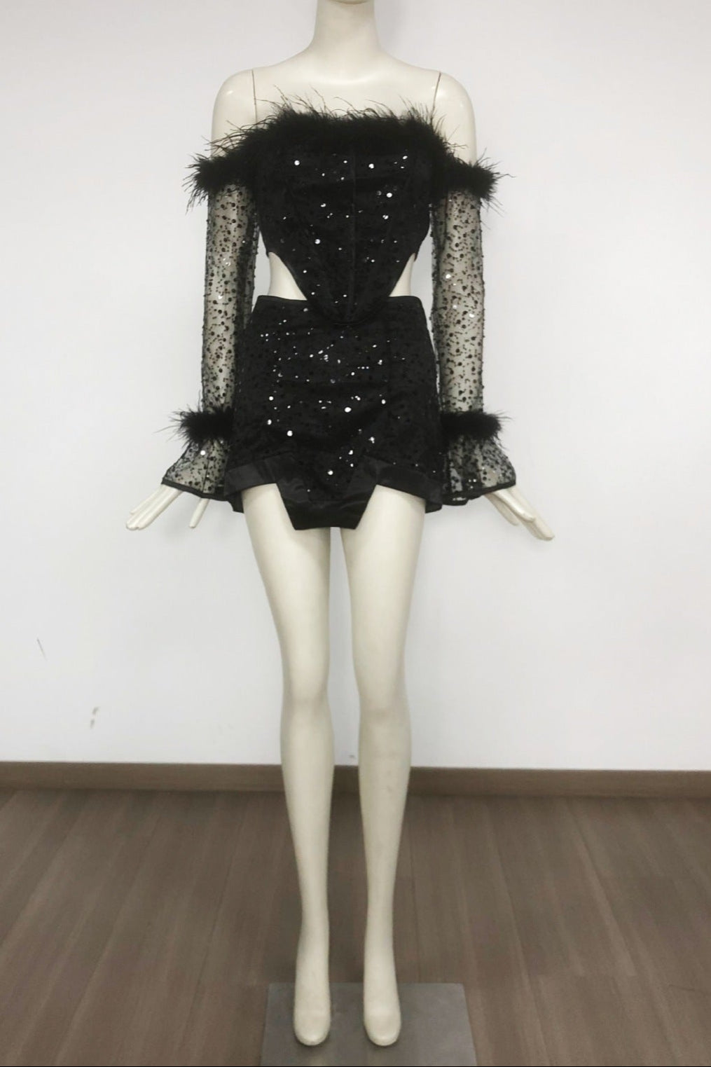 Black Off-Shoulder Top Short Mesh Skirt Set