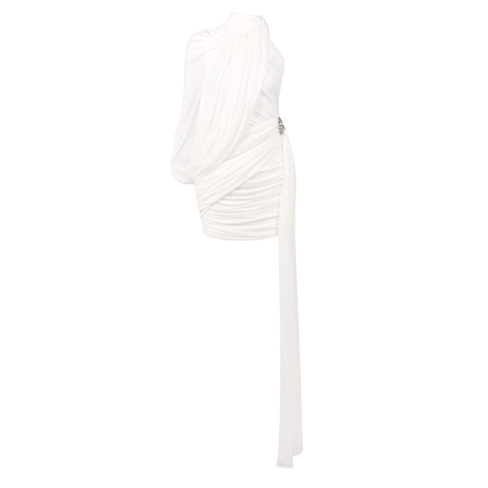Off-Shoulder Single-Sleeve Bodycon Ribbon Mini Dress - White