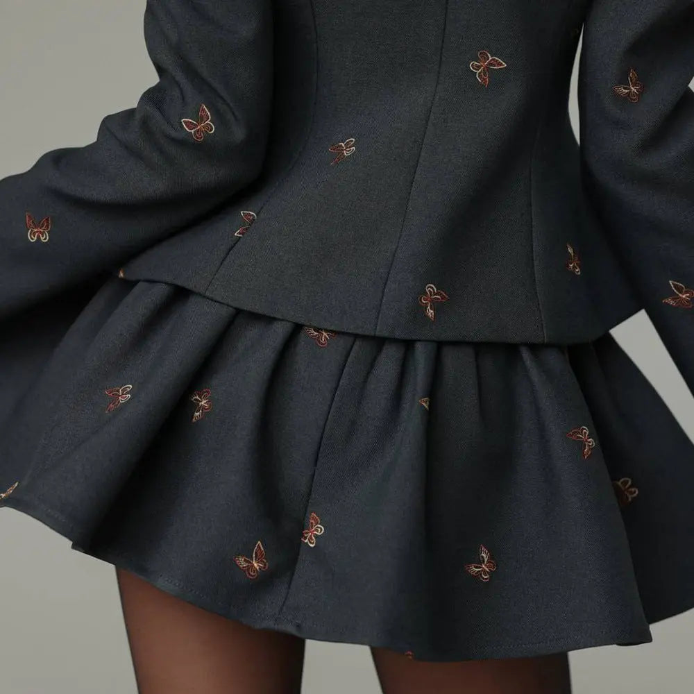 Dark Grey Embroidered Blazer Mini Skirt Set