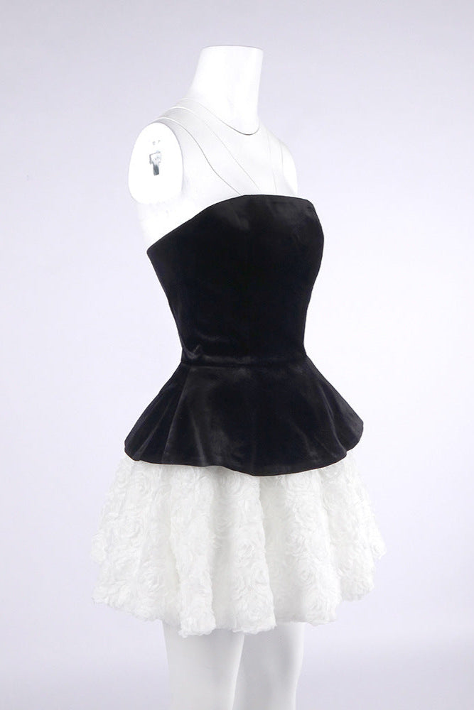 Petal-Layered Top Mini Skirt Suit Without Glove - Black/White
