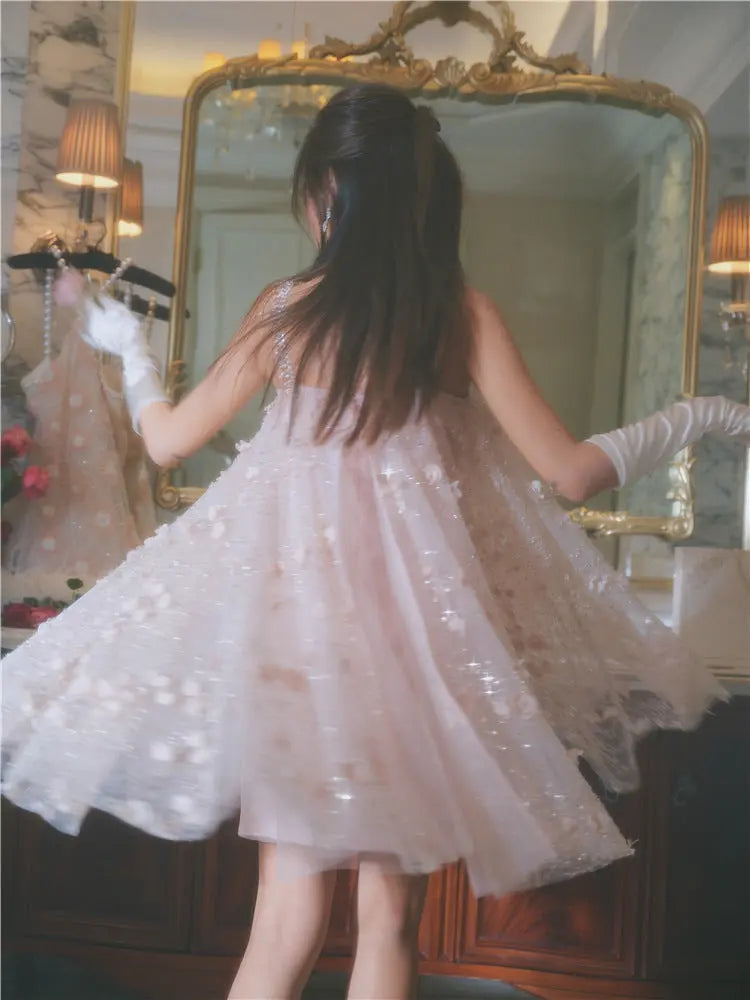 Pink Flower Embroidered Sequin Doll Party Dress