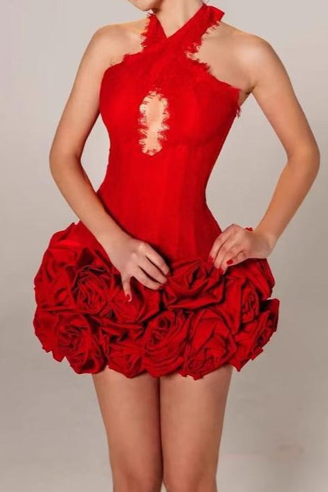 Sequin Halter Neck Flower Bandage Mini Dress in Red