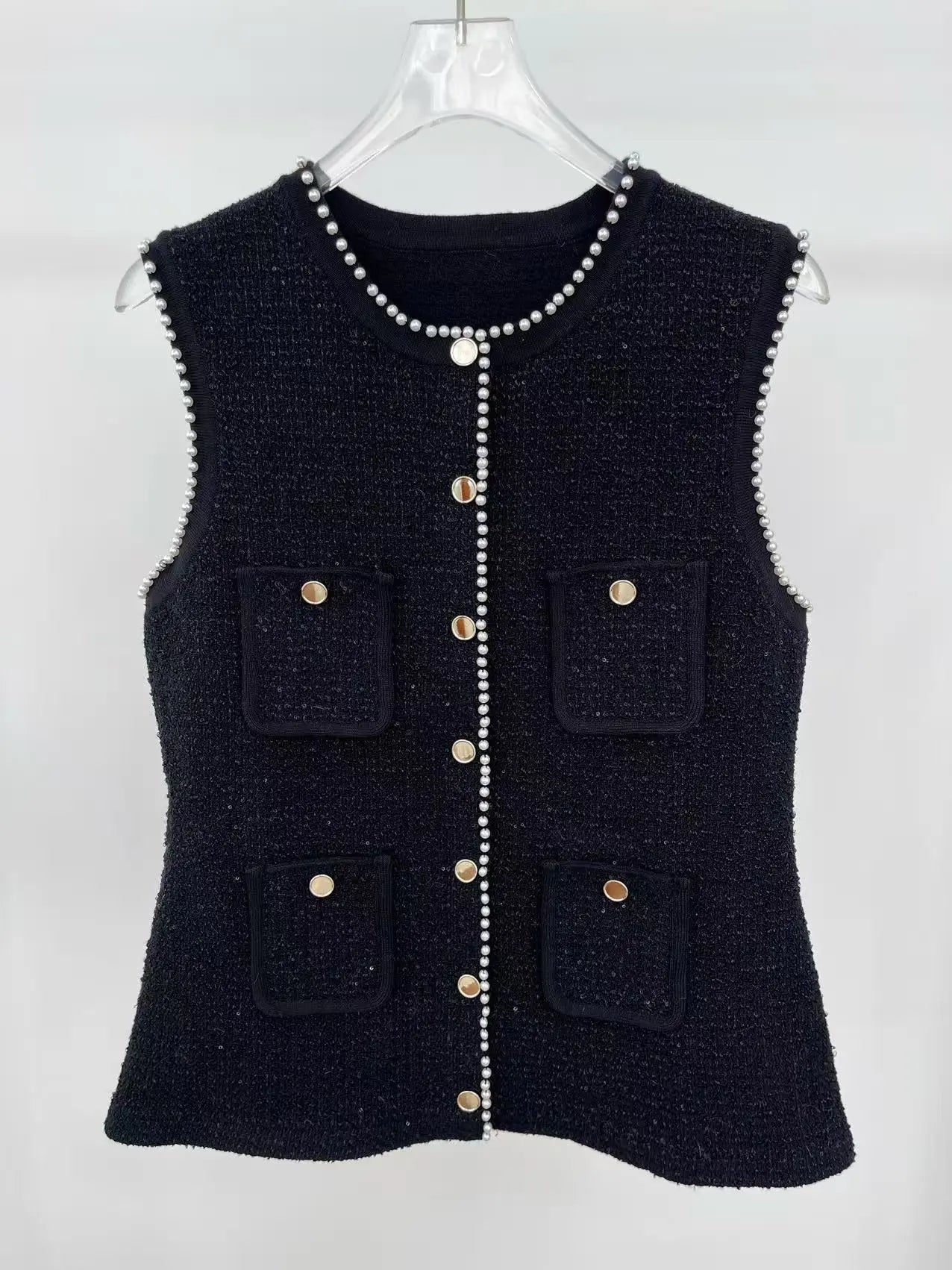 Black Vest with Pearls Embellished