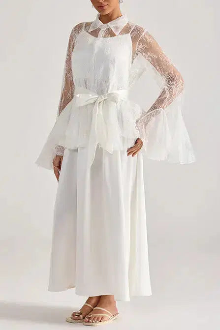White Lace Bell-Sleeve Ruffle Embroidered Top Maxi Skirt Set