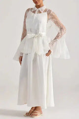 White Lace Bell-Sleeve Ruffle Embroidered Top Maxi Skirt Set