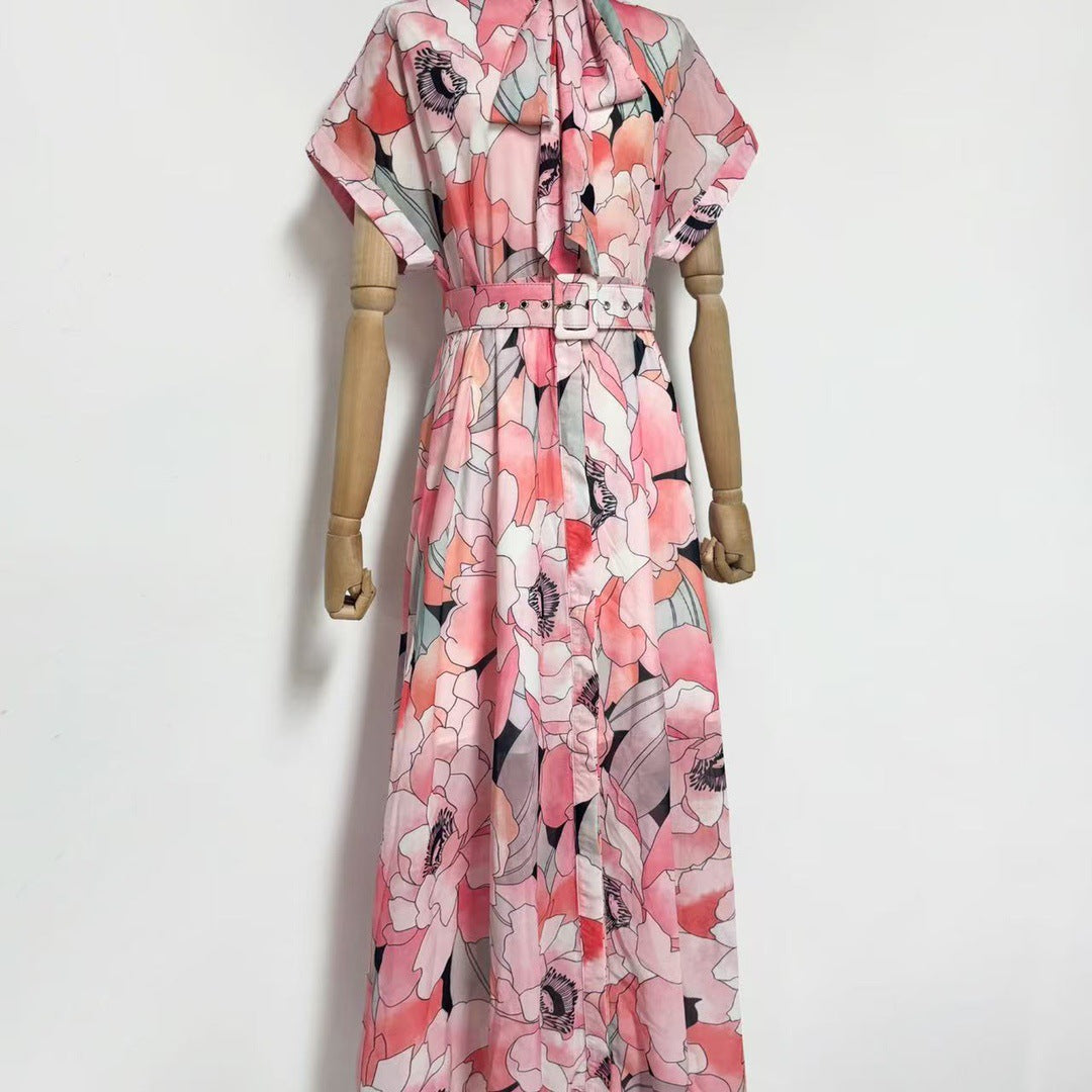 Floral Print Silk Organza Maxi Dress in Pink-Multi