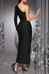 One Shoulder Rhinestone Bandage Midi Dress in Black